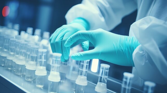 Gloved hands carefully handling test tubes in a laboratory setting
