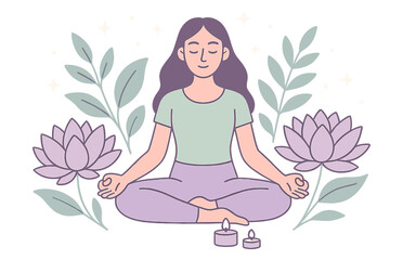 Young female practicing meditation amidst lotus flowers and leaves