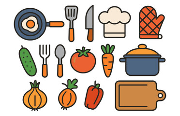Colorful cartoon cooking utensils and vegetables collection