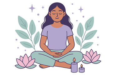 Asian female practicing meditation with candles and lotus flowers