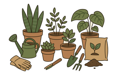 Potted plants and gardening tools illustration with succulents and foliage