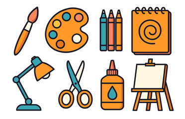 Colorful art supplies set with paintbrush, palette, crayons, and easel