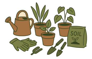 Gardening tools and plants illustration: watering can, gloves, trowels, soil, potted plants
