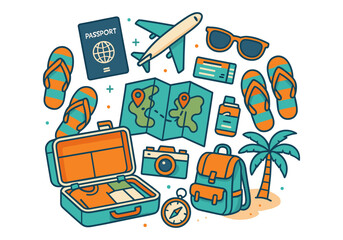 Travel essentials: passport, plane, map, camera, beachwear, backpack for adventure