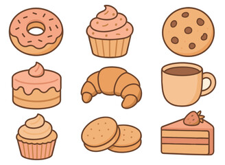 Collection of cartoon baked goods featuring donuts cupcakes and cookies