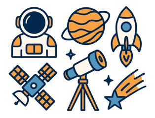 Astronomy icons: astronaut, planet, rocket, satellite, telescope, comet
