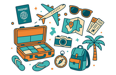 Travel essentials collection: luggage, passport, plane, map, camera, sunglasses, backpack, tickets