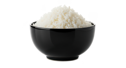 Freshly Cooked White Rice In Black Bowl Isolated On Black