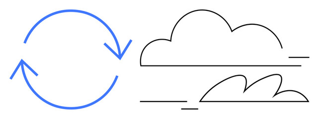 Blue circular arrow paired with minimalistic wind and cloud outlines conveys renewal, sustainability, and natures cycle. Ideal for recycling, environment, climate change, air quality, energy