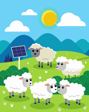 A flock of sheep happily nibbles on the grass safely guarded by the solarpowered electric fence surrounding their pasture.. Vector illustration