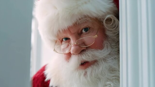 Generative AI. Elderly man with white beard and glasses, dressed in festive red attire, peeks through a doorway, embodying the spirit of holiday cheer and joy