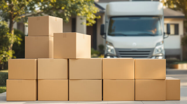 Moving day excitement cardboard boxes stacked on driveway with delivery van ready to unload
