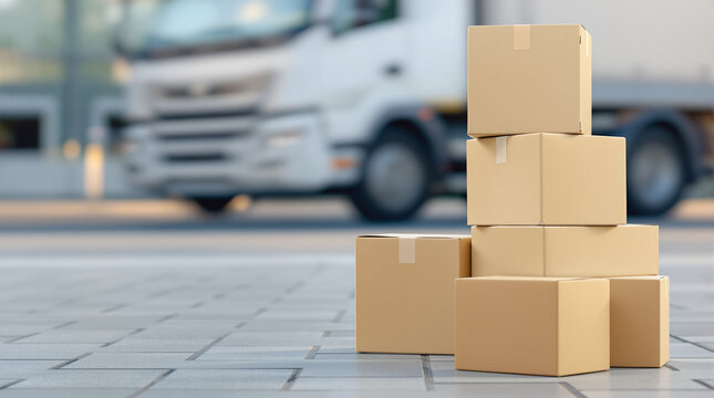 Fast reliable delivery service with stacked boxes and delivery truck ready for distribution
