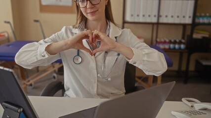 Young blonde woman with stethoscope forming heart shape with hands in building; love care compassion.