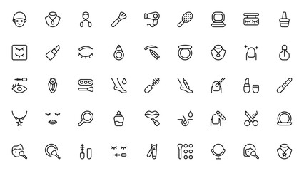Cosmetic and makeup icon set. Vector beauty collectin featuring symbols for listick, nail polish, brush,mirror, perfume, foundatio, eyelash and more. Editabe line icons.