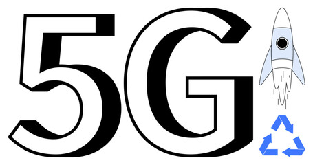 Large 5G text with a rocket lifting off beside it and a recycling symbol, symbolizing speed, innovation, connectivity, and sustainability. Ideal for technology, innovation, 5G networks