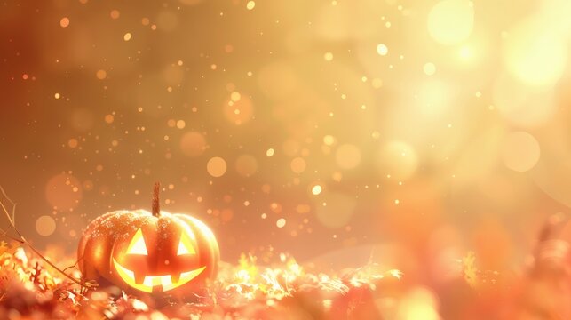 Spooky jack-o'-lantern nestled in autumn leaves with a warm, golden glow