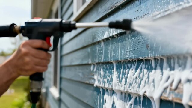 Medium shot capturing soft washing technique with lowpressure detergent application on delicate building siding for gentle cleaning