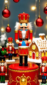 Nutcracker on a stand playing drum near gingerbread house and ornaments. A festive still life with classic holiday charm. Christmas spirit, winter holidays, joyful celebration.