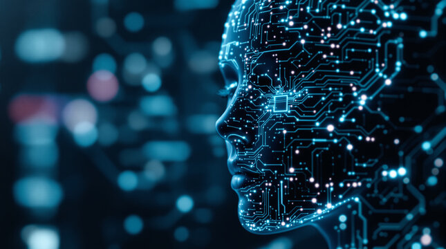 Stunning digital woman with glowing circuit board face for innovative tech solutions