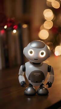 A close-up shot of a small, friendly-looking robot with glowing eyes on a table