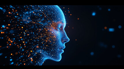 Futuristic AI head with glowing particles shows innovative technology and data insights