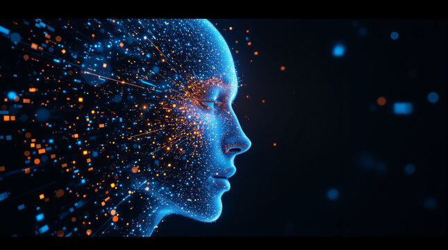 Futuristic AI head with glowing particles shows innovative technology and data insights