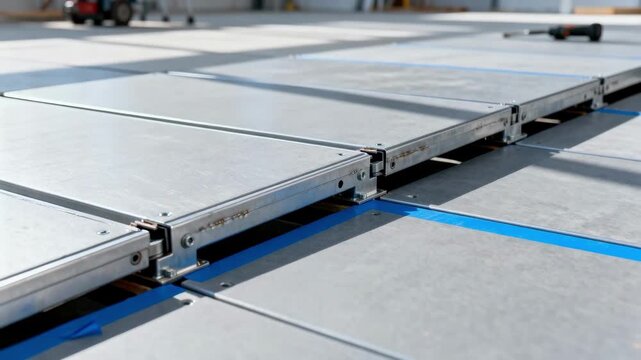 Closeup medium shot of modular floor sections being positioned showcasing precise engineering and quick installation in modern construction projects.