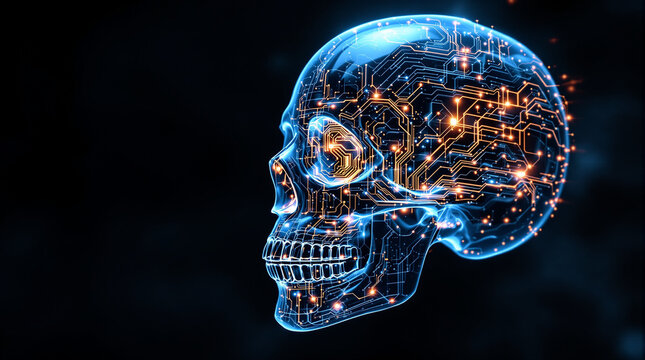 Eerie skull design powered by modern technology with circuit board patterns glowing orange
