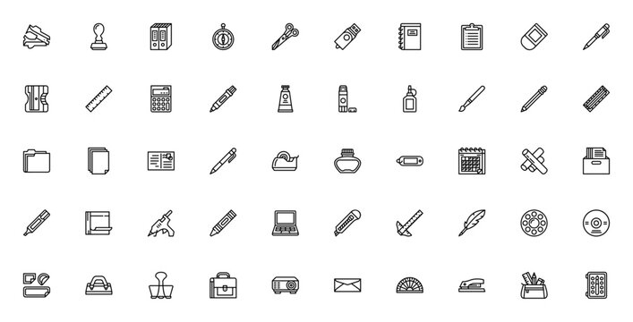 Stationery icon set. Vector office supply collection Includes stapler, pen, pecil, ruler, calculator, noebook, scissors, glue, bruh, envelope and more. Editble stroke.
