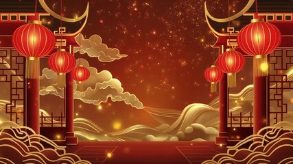 Red chinese lanterns hang framing beautiful golden new year background - Powered by Adobe