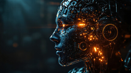 Striking futuristic cyborg head with glowing circuitry embodies technology innovation concept