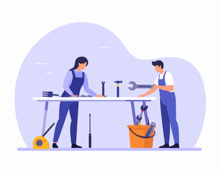 Skilled man and woman working collaboratively with tools at a workbench, illustrating home repair, maintenance, and professional teamwork in a modern workshop setting