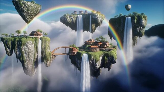 Floating islands show waterfalls villages above puffy white clouds and rainbow