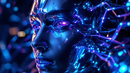 Futuristic metallic woman glows with vibrant technological energy and digital connections