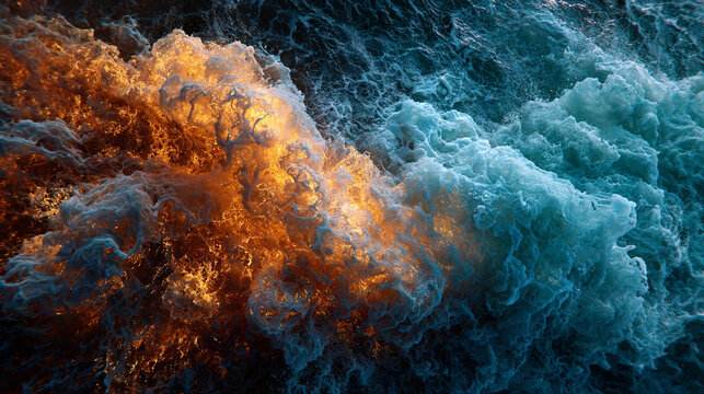 Fire and water elements intertwine, forming a dynamic, balanced scene where opposing forces coexist in a vibrant, glowing interplay of energy and motion.