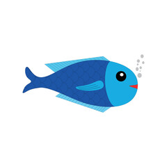 blue fish isolated on white background. Blue Fish Simple Flat Design. Vector Illustration.
