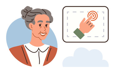 Elderly woman smiling, represented alongside a touchscreen interface gesture and a cloud. Ideal for technology, seniors, learning, future, inclusivity, innovation connection concepts. Simple flat