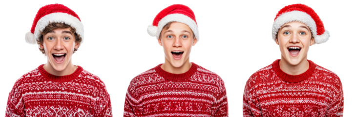 Set of teenagers in santa hats with red sweaters, isolated on transparent background