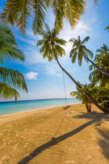 Tropical island beach landscape exotic shore coast. Tranquil closeup calm sea water waves with palm trees. Beautiful Panorama. Summer vacation, holiday amazing nature. Relax paradise, Maldives.