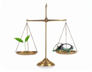 Balancing nature and technology on a scale, symbolizing ecological equilibrium and innovation