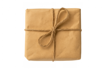 Brown paper package tied with string, shipping, delivery, and gift concept, top view, transparent background