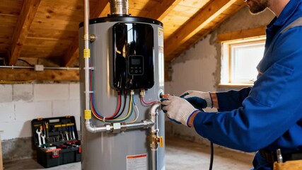 Expert plumber sets up a sleek electric water heater inside a cozy basement focusing on clean wiring and safe connections for reliable hot water