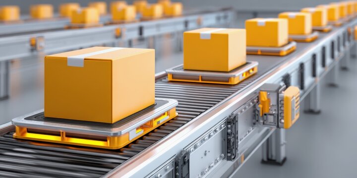 Flexible supply chain manufacturing concept. A conveyor belt with yellow boxes in a modern warehouse setting, illustrating efficient logistics and packaging processes.