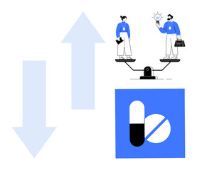 Two individuals balancing on a seesaw with one presenting an idea and the other holding tools, symbolizing creativity and practicality. Pills and arrows highlight growth, decision-making