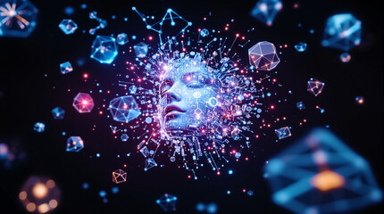 Stunning digital human head with glowing circuits and geometric shapes for tech designs