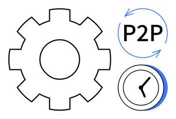 Gear symbol with clock and circular arrows around P2P text. Ideal for teamwork, efficiency, collaboration, automation, time management, peer networks, or process optimization. Simple flat metaphor