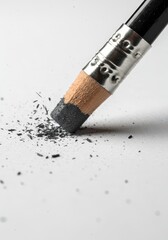 Obraz premium Close up of a rubber eraser actively rubbing out a graphite pencil mark on clean white paper, creating small shavings and dust ,mistake ,paper ,correction