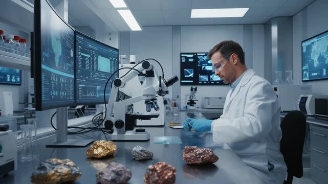 Scientist in a modern lab carefully analyzing ore samples under bright lights using advanced instruments to measure mineral content with precision.