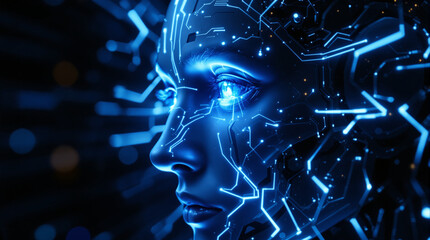 Futuristic glowing cybernetic face with intricate blue circuitry for cutting-edge technology